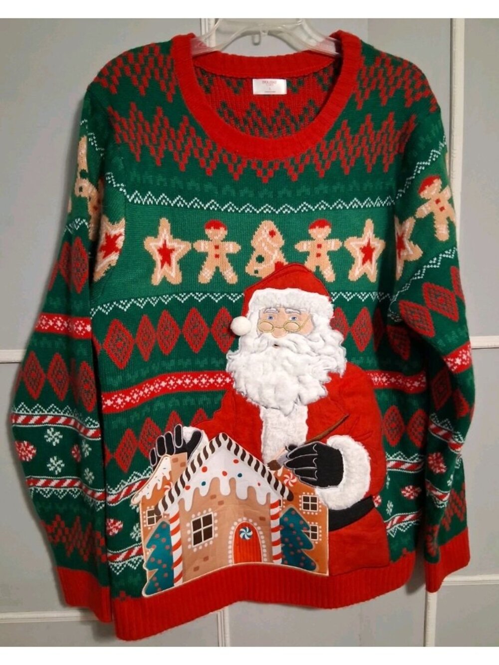 Holiday Time L Santa Ugly Christmas Sweater w/Can Holder Pouch